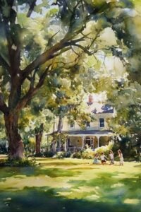 green outdoor scene with people playing on lawn.