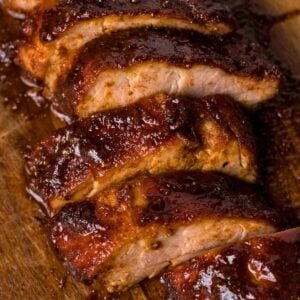 overhead close up of sliced tenderloin.