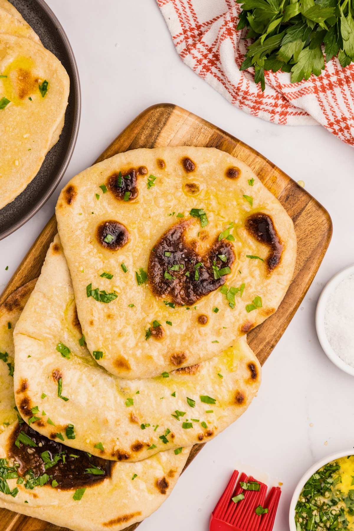 overhead shot of naan on counter.
