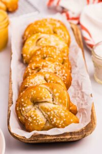 front shot of pretzels lined up in basket.