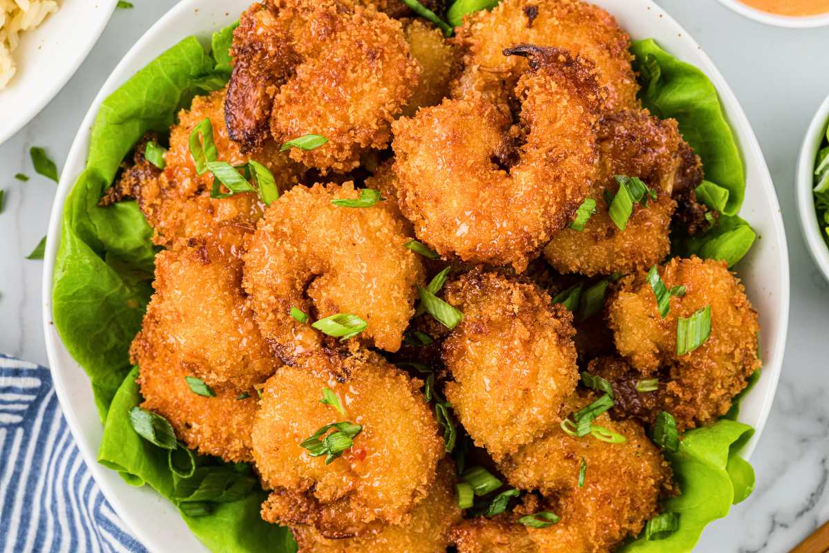 fried shrimp on bed of lettuce.