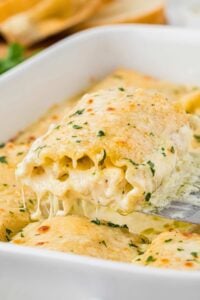 chicken alfredo lasagna rollup being lifted out of pan.