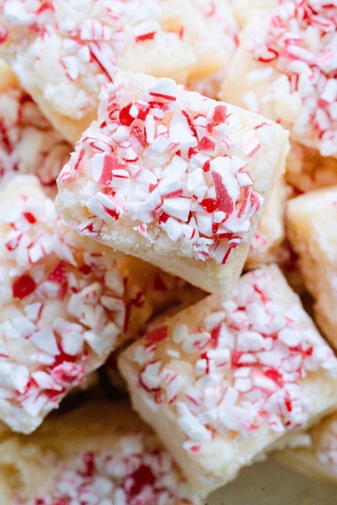 overhead close up of cluster of peppermint fudge pieces.
