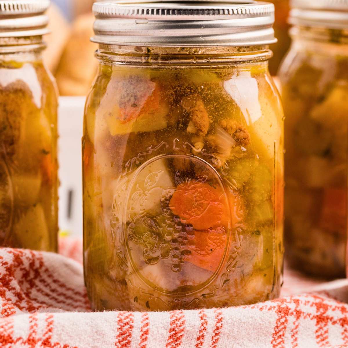 front shot of canned jar of beef stew on plaid cloth.
