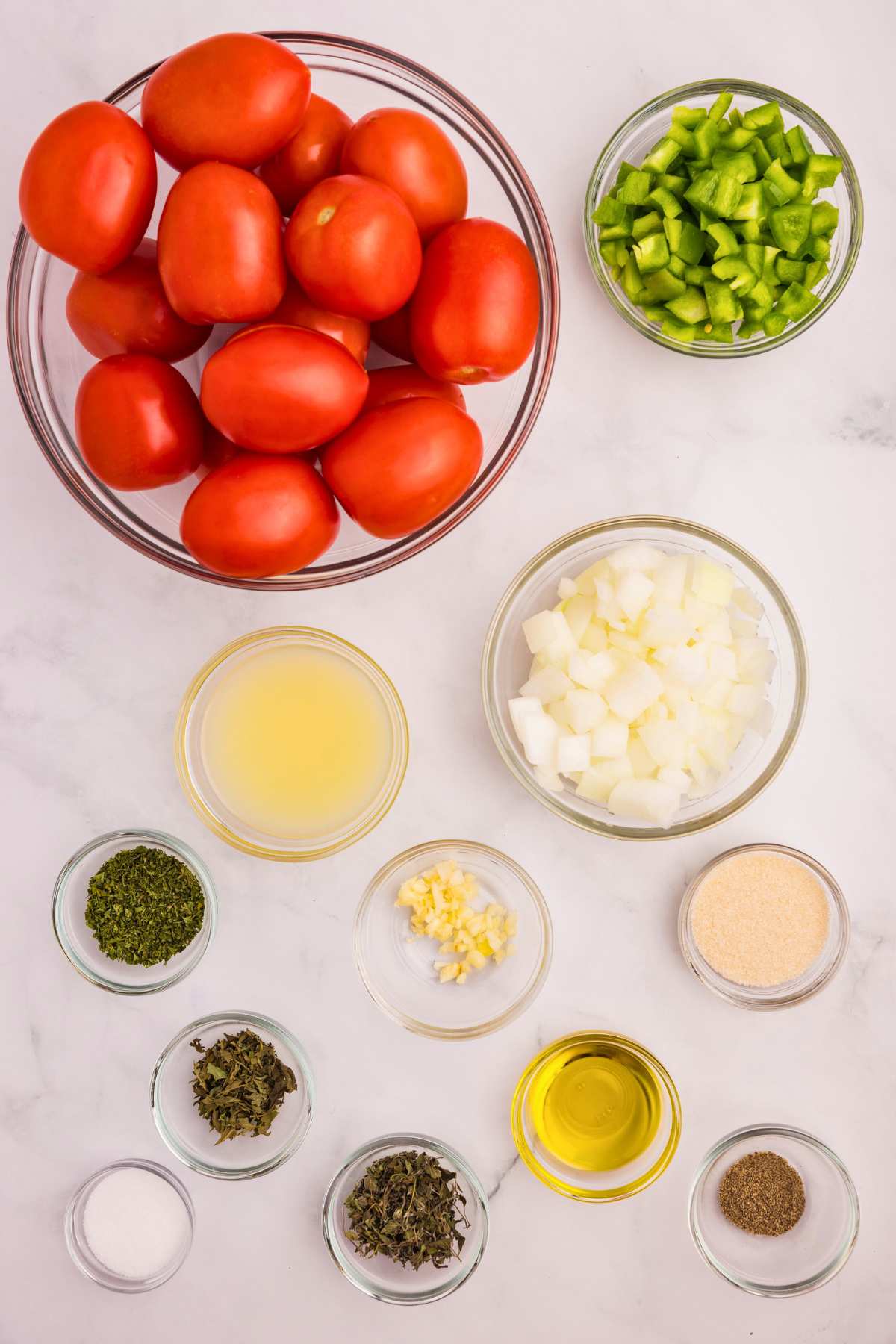 overhead image of ingredients measured out in bowls.