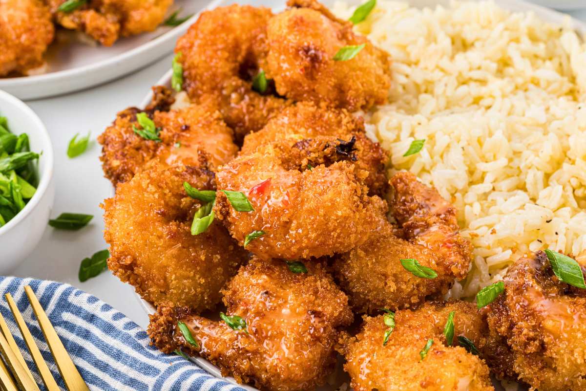 fried shrimp on plate with white rice.