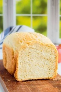 front shot of loaf with end cut off to reveal inside of bread.