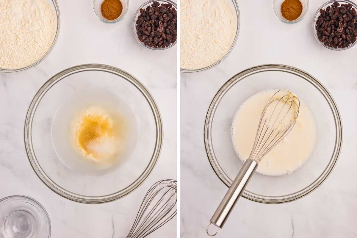 two image collage of starter, water, and sugar mixed together.