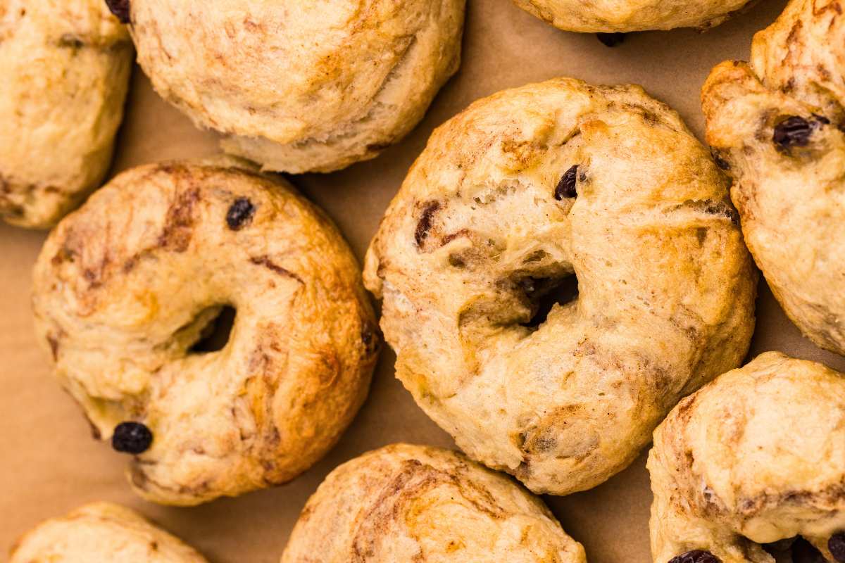 close up of golden brown baked bagels.