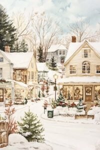 A snow-covered village with Christmas trees, wreaths, and festive storefronts.