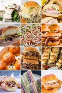 A collage featuring various sandwich recipes for a crowd.
