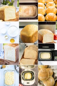 12 images showing different bread machine recipes in different stages of baking.