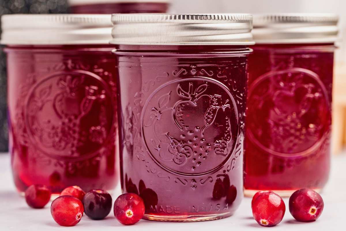 three half pint jars of cranberry sauce on counter with cranberries in front.