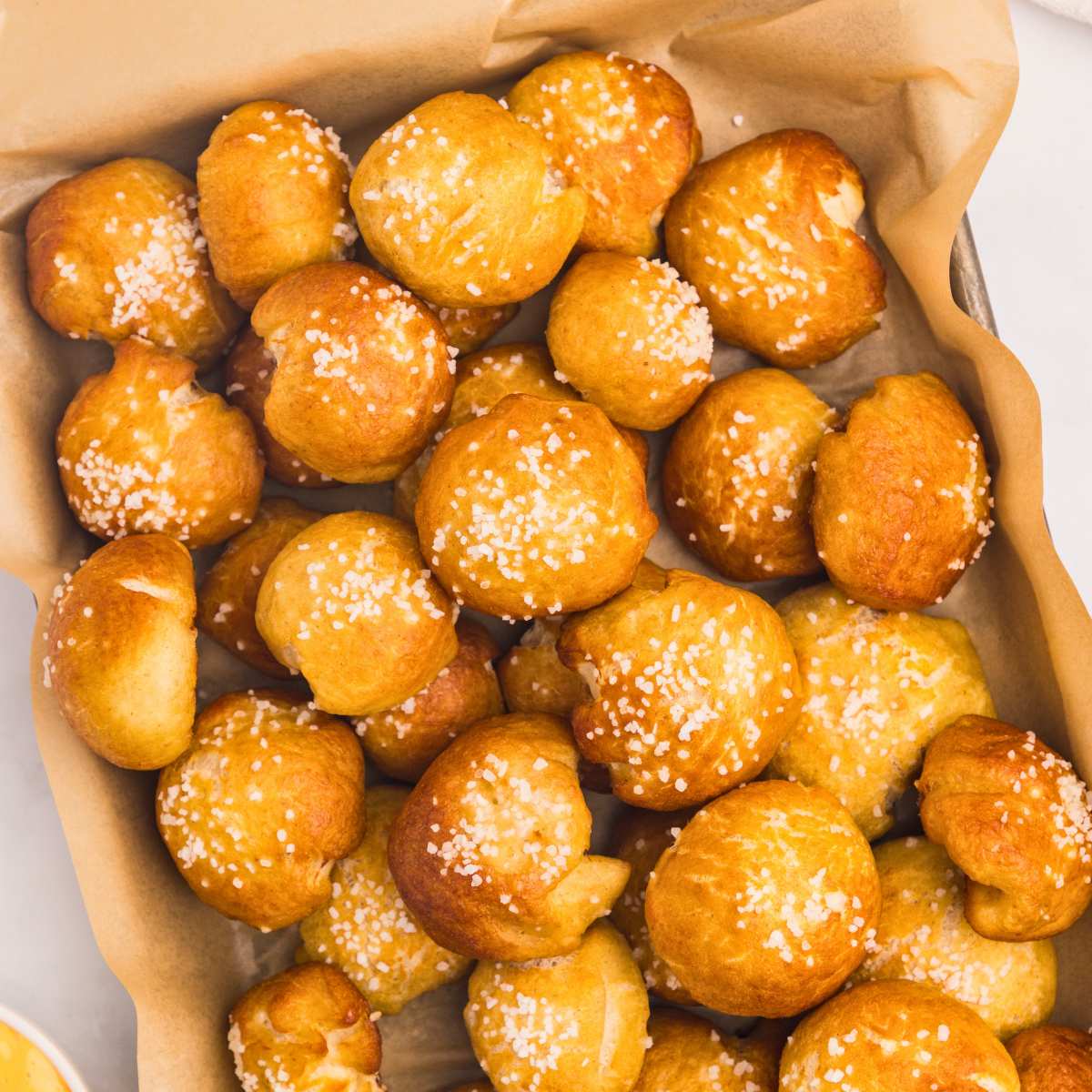 baked pretzel bites on baking sheet.