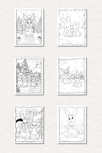 grid of Christmas bunny coloring pages.