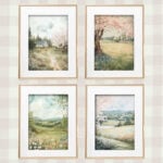 A grid of four framed spring landscape watercolor paintings with soft pastel tones and blooming scenes, displayed on a patterned background.