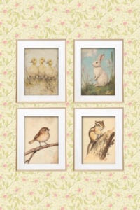 A group of four framed illustrations—songbird, chipmunk, rabbit, and ducklings—arranged symmetrically over a light floral wallpaper.
