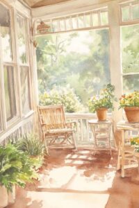 screened in porch with plants.