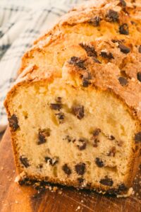 chocolate chip bread loaf cut at end to show inside.