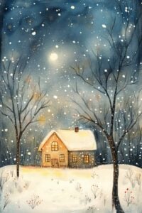 watercolor of a small house lit from within on a snowy night.