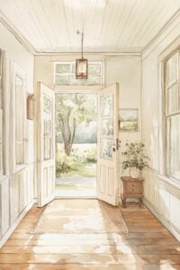 sunny hallway painted white.
