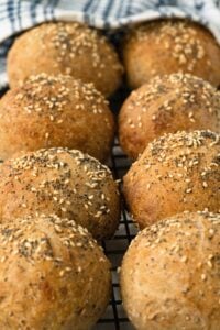 8 seeded multigrain sourdough rolls lined up.