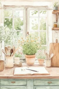 garden journal on counter below window.