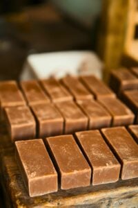 rows of dark bars of vanilla soap.