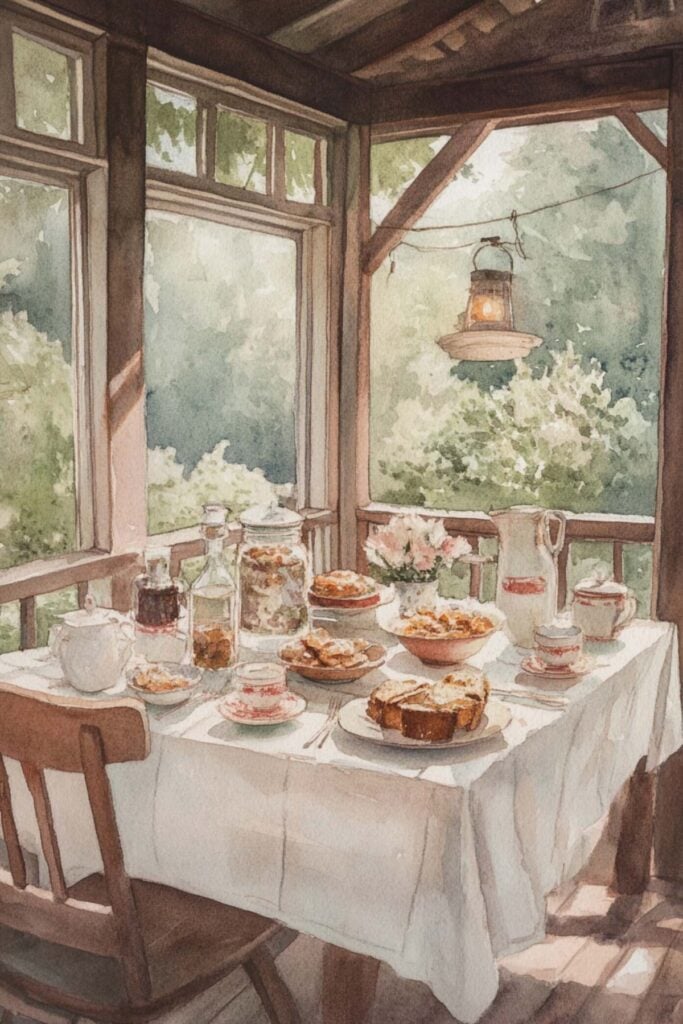 screened in porch dining table set for meal.