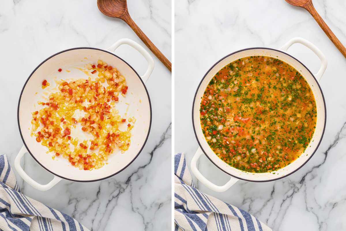 veggies, rice, and liquid cooking in pan.