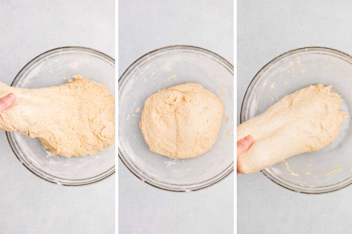 dough stretched, resting, and stretched again until smooth.
