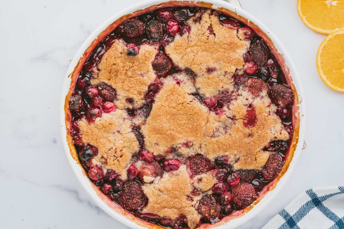 baked cobbler with golden brown topping.