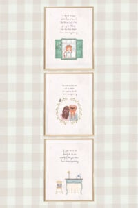 three Anne of Green Gables printables on a plaid background.