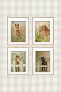 Collection of framed spring pony wall art prints.