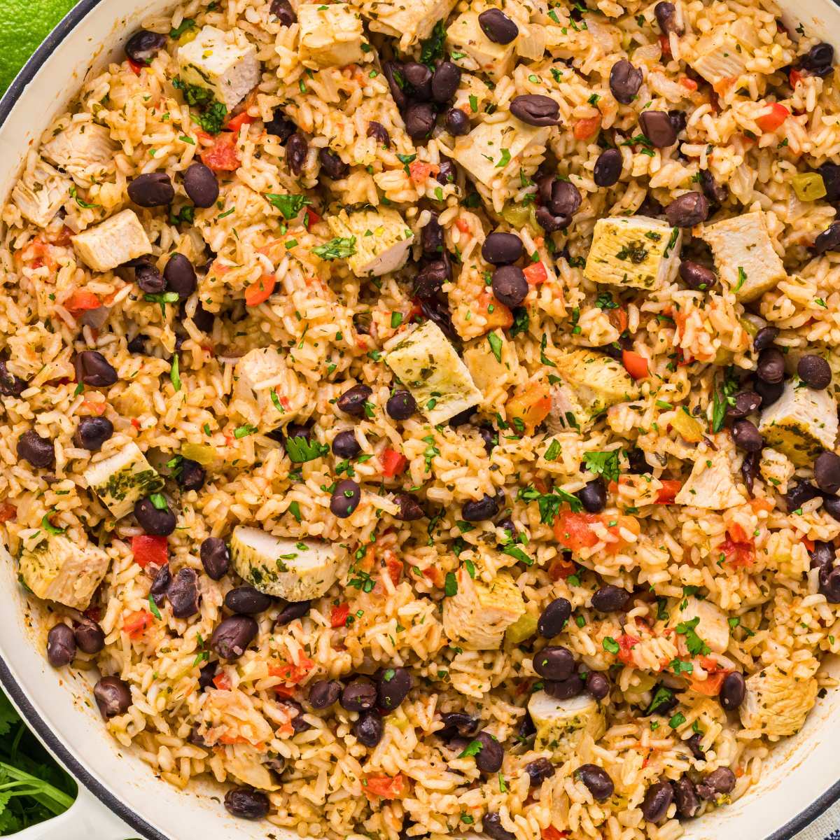 close up of pot of cilantro chicken and rice medley.
