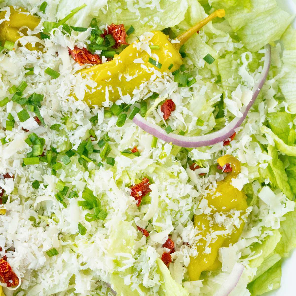 close up of salad mixed together with cheese on top.