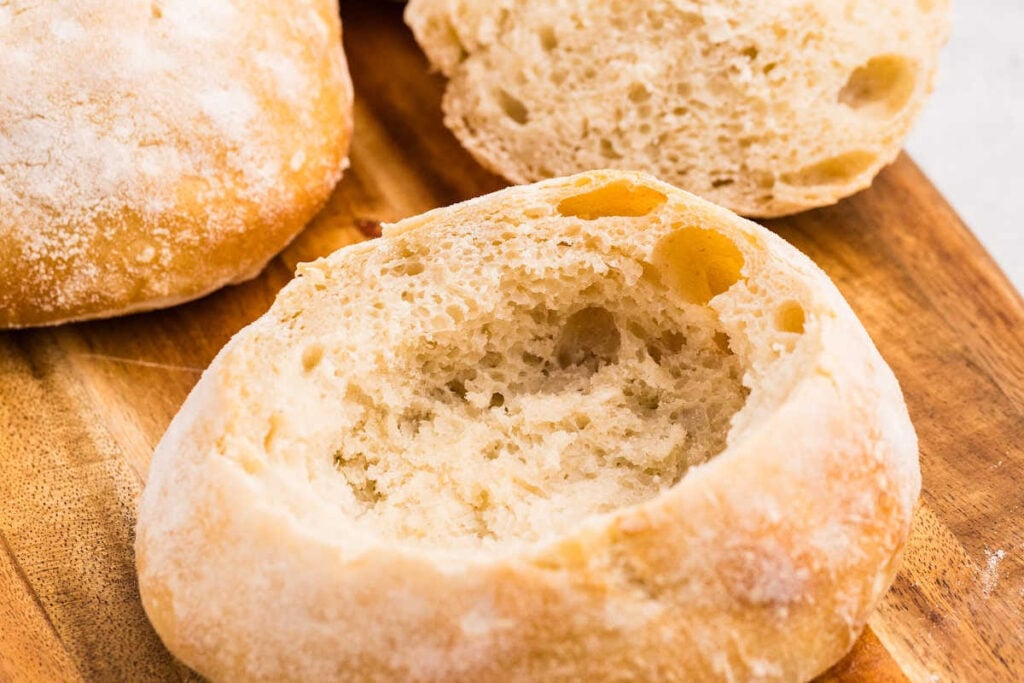 close up of texture of bread bowl.
