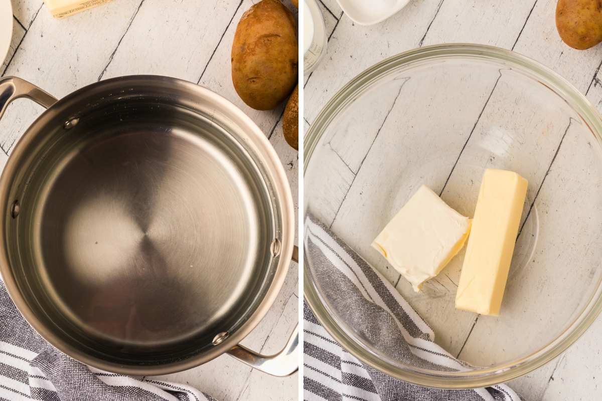 water in pot and butter and cream cheese in bowl.