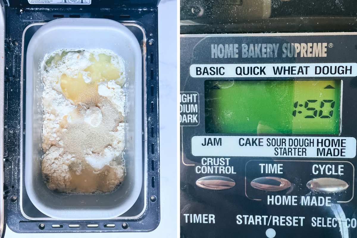 ingredients layered in bread machine and dough cycle shown.