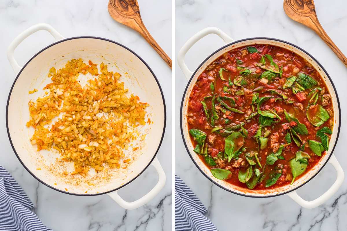 veggies and sauce cooking in pot.