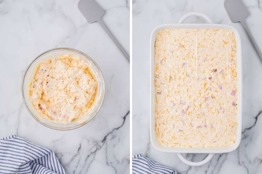 cheese and ham mixture in bowl and spread out in casserole dish.