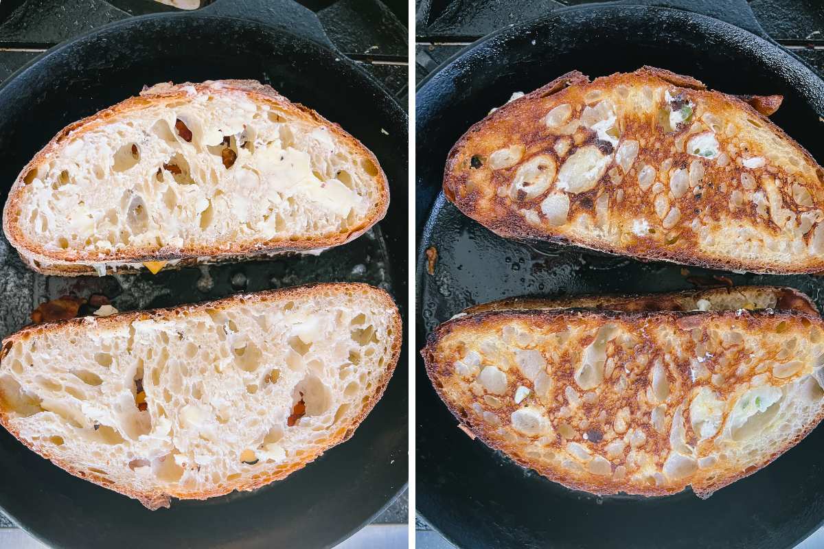 sandwiches grilling in cast iron skillet.