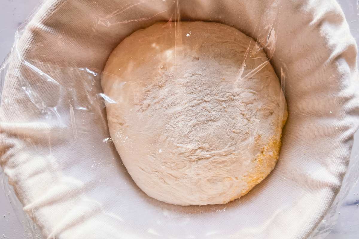 dough in towel lined bowl with plastic wrap on top.