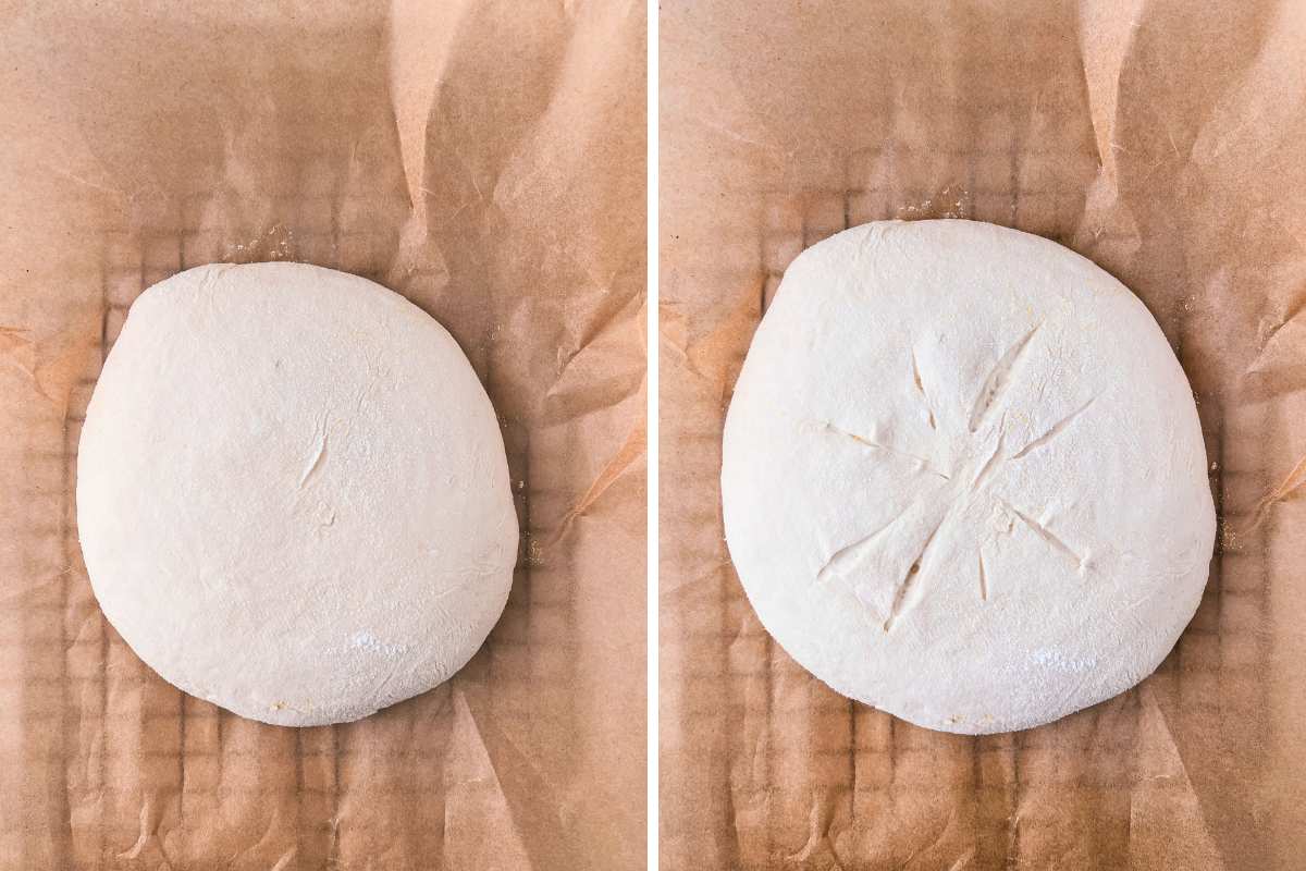 dough on parchment paper and scored.