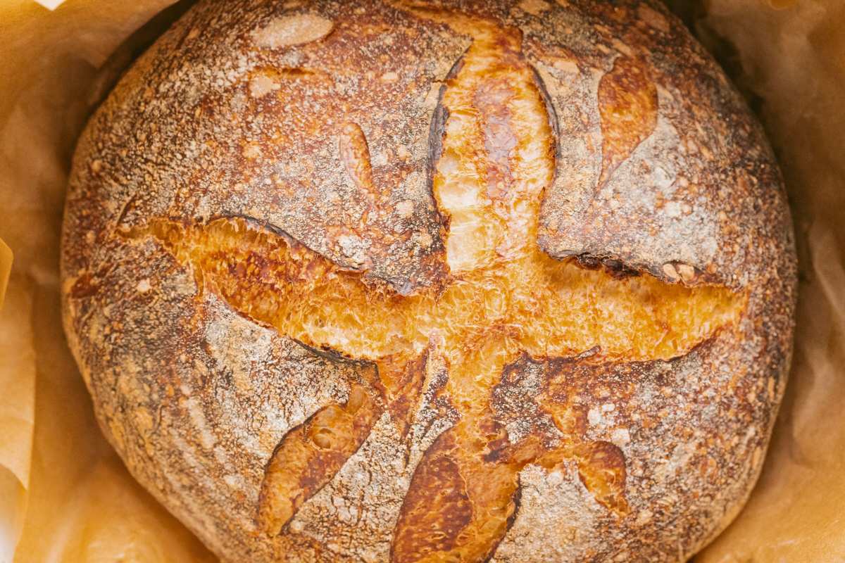 baked sourdough loaf with golden brown crust.