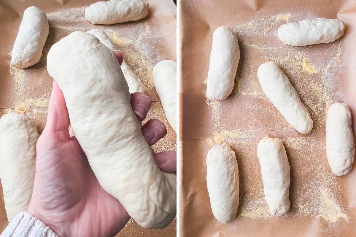 rolls stretched and placed on baking sheet with semolina.