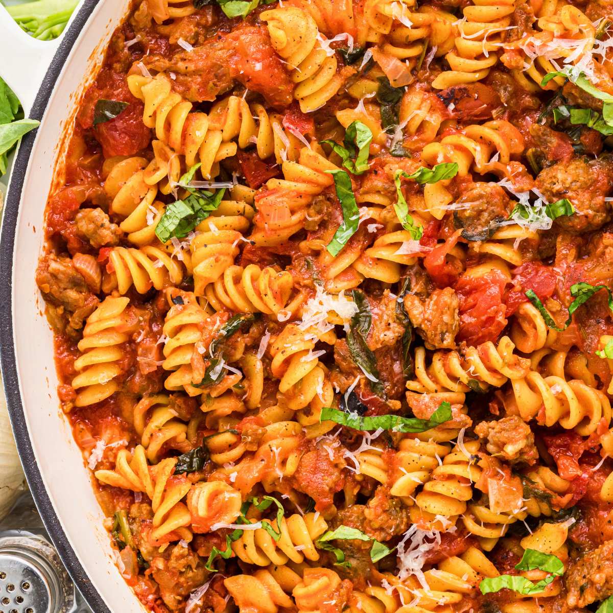 sausage pasta in pot.