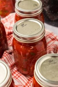 jars of salsa on red plaid tea towel.