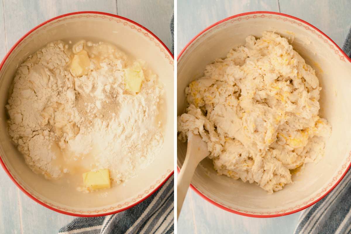 dough being loosely mixed together in bowl.