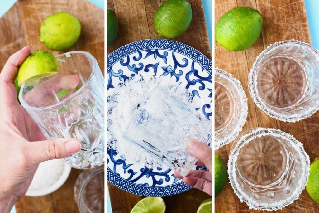 lime wedge around glass rim, glass dipped in salt, and top view of glasses rimmed with salt.